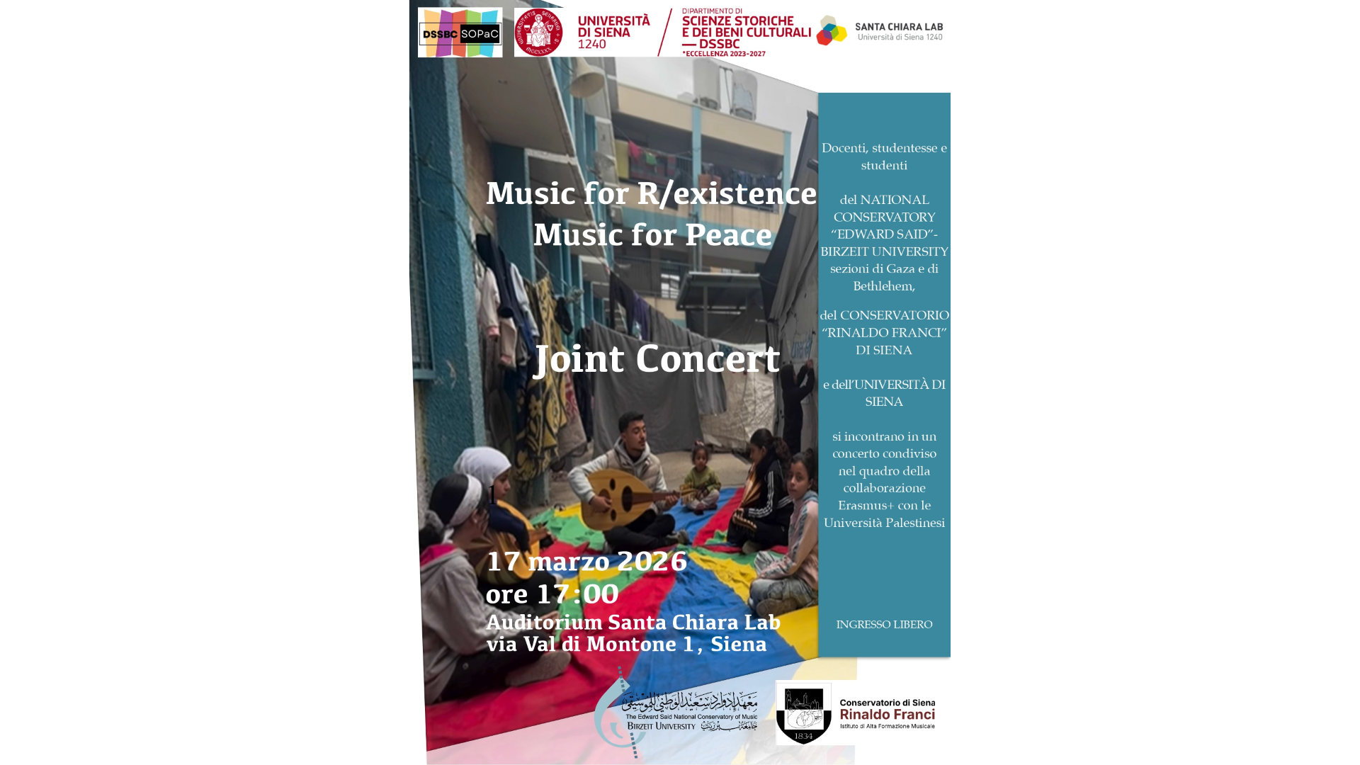 Un concerto per la pace: Unisi, Conservatorio Franci e National Conservatory &ldquo;Edward Said&rdquo; si incontrano